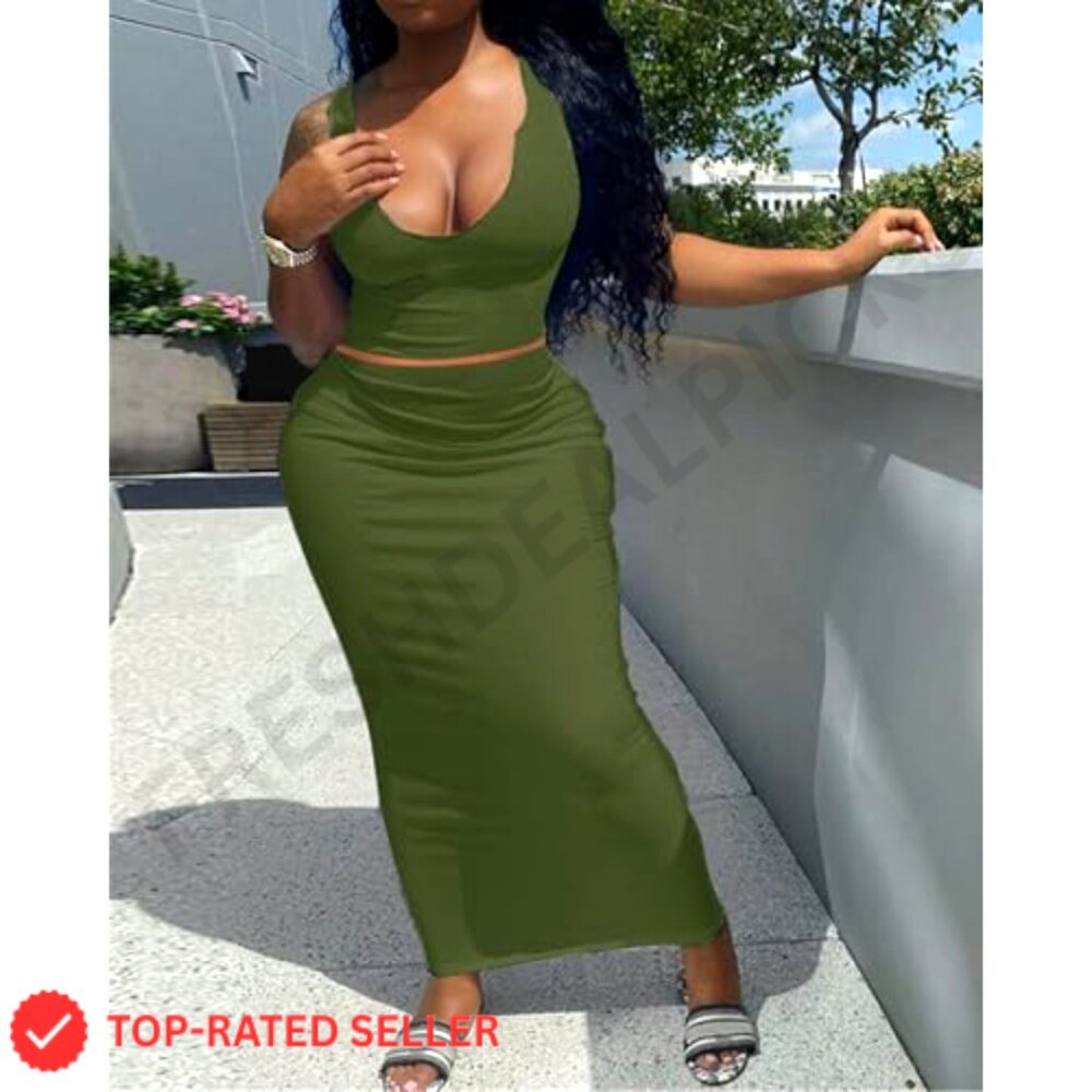 2 Piece Ribbed Knit Bodycon Maxi Dress Long Sleeve V Neck Club Wear - Picture 5 of 7